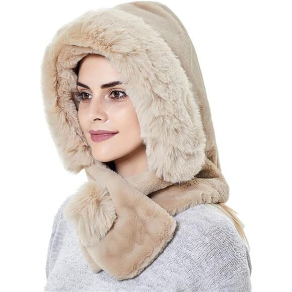 Luxury Faux Fur Pom Winter Hooded Hat Scarf Fluffy Neck Warmer Ski Hat‎ Beige - Picture 1 of 5